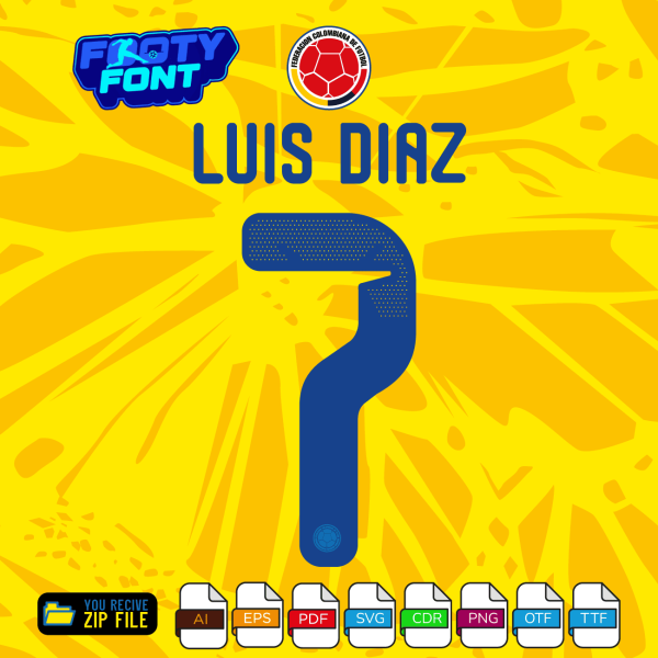 Colombia Font World Cup 2026 – Luis Diaz jersey number 7, editable vector for shirt mockups