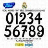 Real Madrid 2024–2025 UCL font preview with numerals, uppercase letters, accented characters, and download icons for OTF and TTF formats.