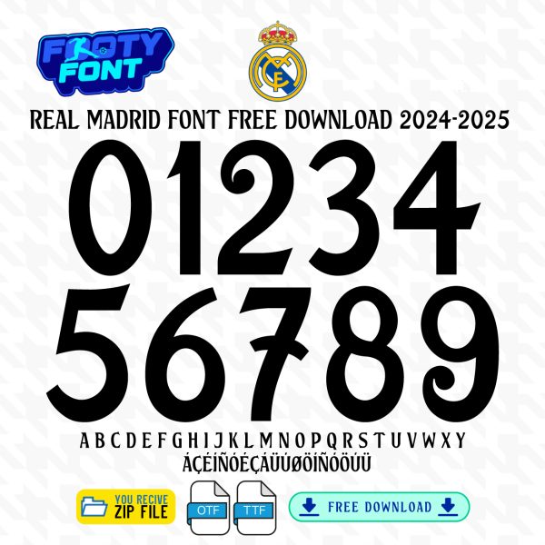 Real Madrid 2024–2025 UCL font free Dwonload graphic showing full number and letter set, accented characters, and ZIP file download free icons for OTF and TTF.