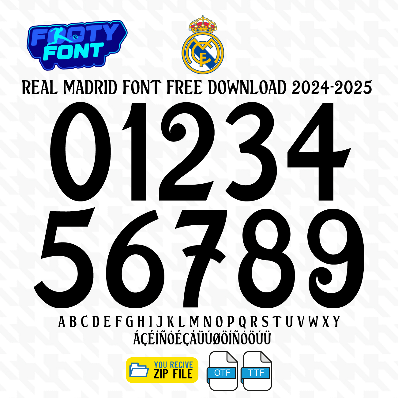 Real Madrid 2024–2025 UCL font preview with numerals, uppercase letters, accented characters, and download icons for OTF and TTF formats.