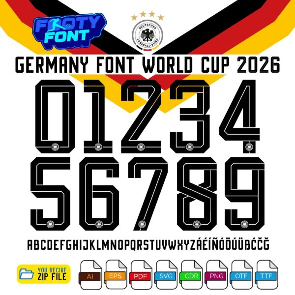 Germany World Cup 2026 font exclusive jersey numbers vector with logo and included design pattern, bold football typeface