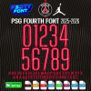 PSG Fourth UCL Font Download 2025-2026 – full red numbers 0-9 and alphabet with accents on dark Jordan Off Noir background.