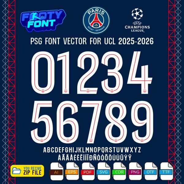 PSG 2025-2026 UCL font showing the complete alphabet and numbers for the home kit.
