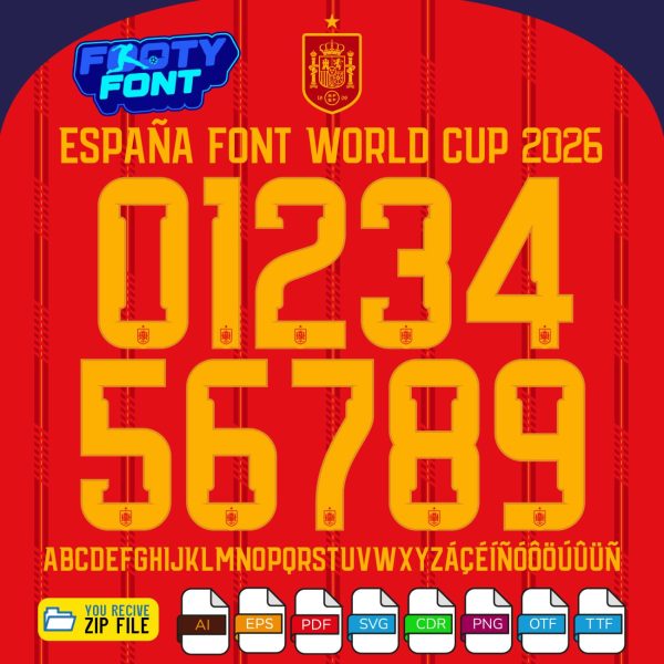 España Font 2026 World Cup font showing the complete alphabet and numbers for the exclusive kit.