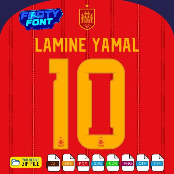 España Font 2026 World Cup exclusive kit font with a mockup of the name 'LAMINE YAMAL' and number '10'.