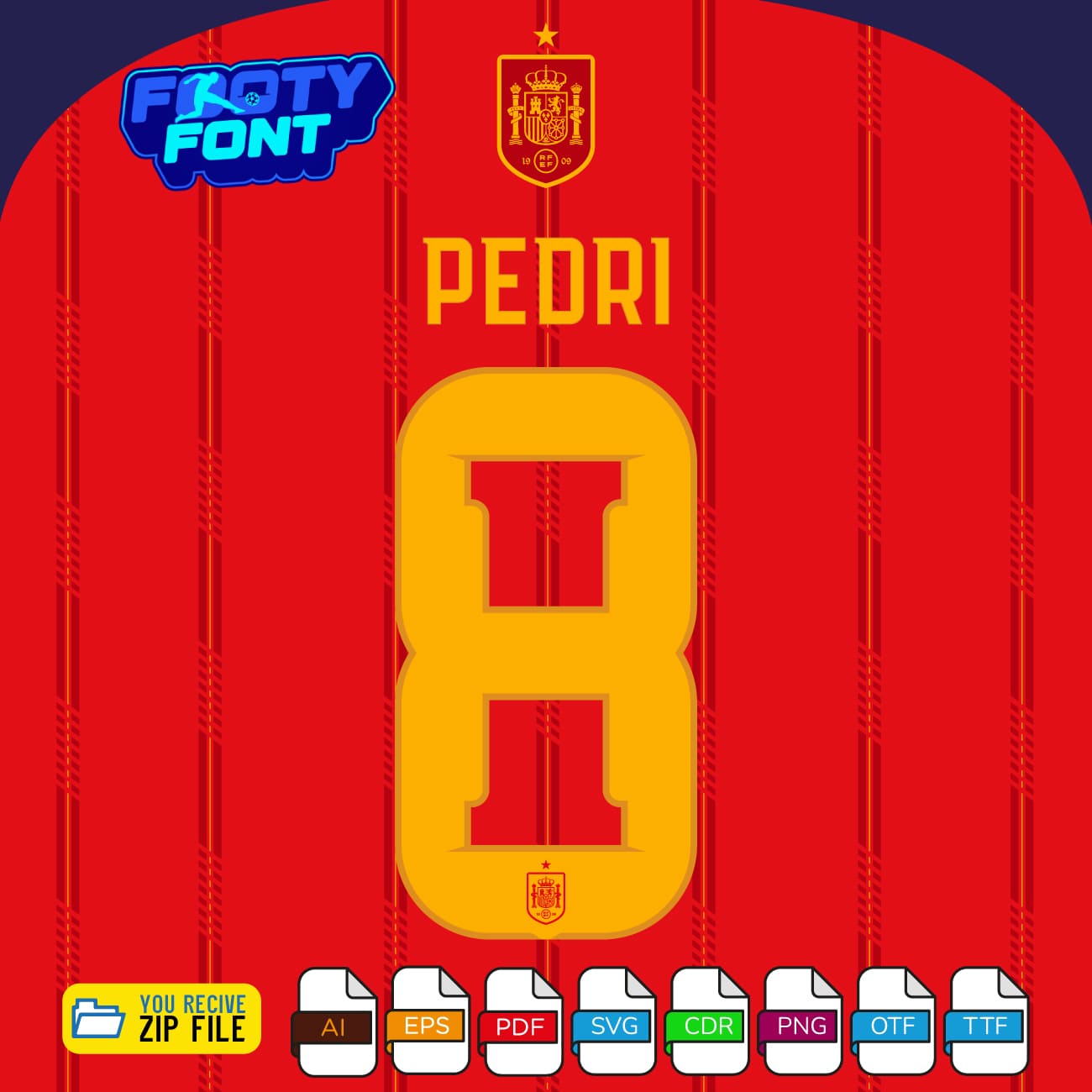 Spain Font World Cup 2026 Download Typeface 5 España Font 2026 World Cup exclusive kit font with a mockup of the name 'PEDRI' and number '8'.