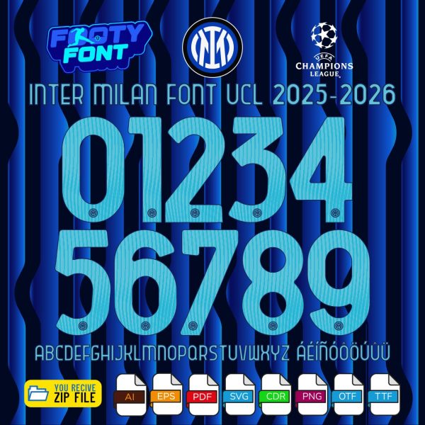 Inter Milan Font UCL 2025-2026 showing the complete alphabet and numbers in the iconic Nerazzurri blue style.