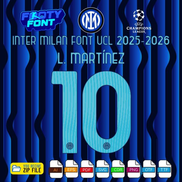 Inter Milan 2025-2026 UCL jersey font with a mockup of the name 'L. MARTÍNEZ' and number '10'.