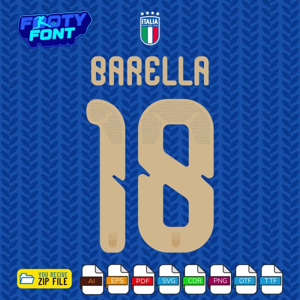 Italy Font World Cup 2026 Home Kit Typeface – gold number and name Barella on blue Italian jersey, vector file formats
