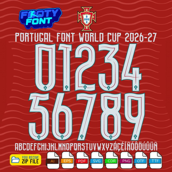 Portugal Font World Cup 2026-27 – full numbers 0-9 with FPF logo and pattern detail on red home kit background.