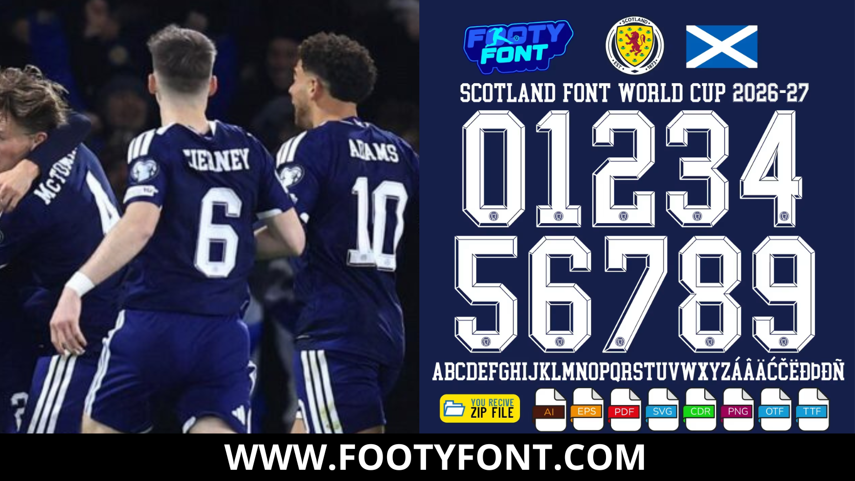 Composite image showing Scotland national team players wearing the dark blue home jersey alongside the complete character set of the Scotland Font World Cup 2026.