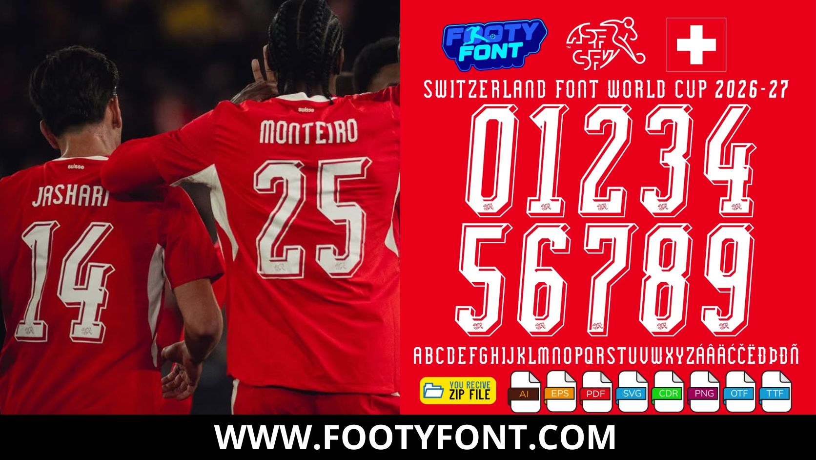 Composite image showing Switzerland national team players wearing the vibrant red home jersey alongside the complete character set of the Switzerland Font World Cup 2026.