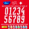Switzerland Font World Cup 2026-27 – complete jersey numbers 0-9 and A-Z alphabet on red Swiss home kit background.