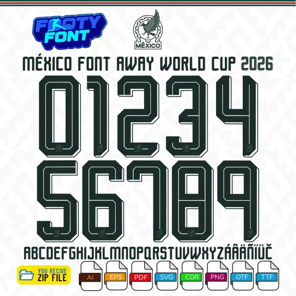 Mexico Font world cup 2026 away kit featuring the complete alphabet and angular numbers.