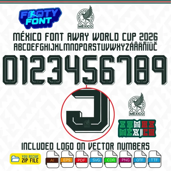 Detailed vector numbers of the Mexico Font world cup 2026 away kit showing the FMF eagle crest inside.