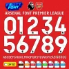 Arsenal Font Premier League 2025-2026 showing the complete alphabet and white numbers for the home kit.