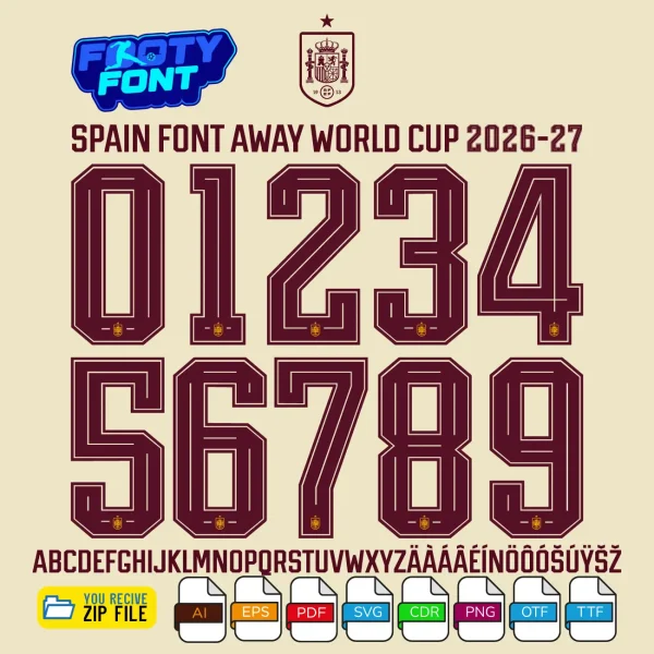 Spain 2026 World Cup Away kit font showing the complete alphabet and numbers in dark red.