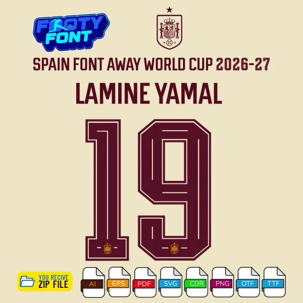 Spain 2026 Away jersey font mockup with the name 'LAMINE YAMAL' and number '19'.