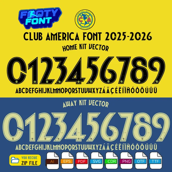 Club América Font 2025-2026 font showing the styles for both the yellow home kit and the blue away kit.