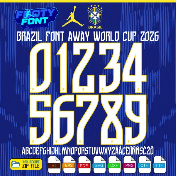 Brazil Font World Cup 2026 Away Kit showing the complete alphabet and white numbers with yellow trim.