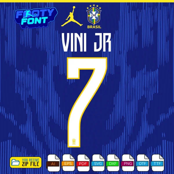 Vinícius Júnior #7 jersey mockup using the Brazil Font World Cup 2026 Away Kit.