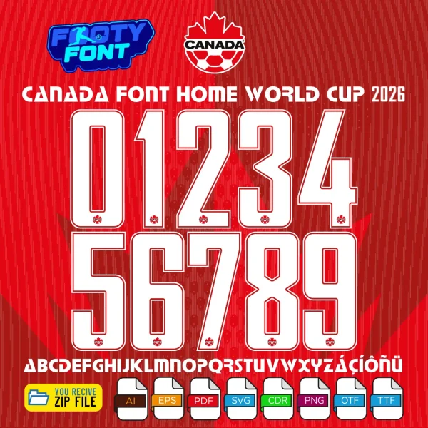 Canada Font World Cup 2026 Home showing the complete alphabet and sharp white numbers with red outlines.