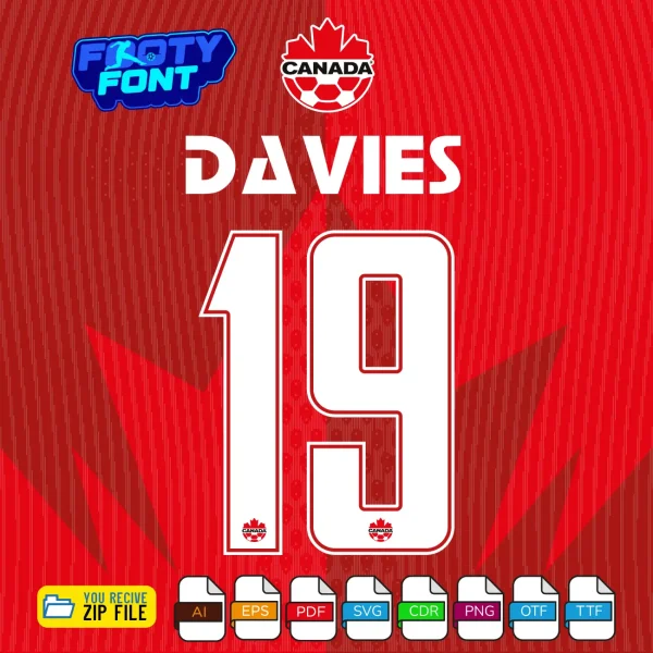 Alphonso Davies #19 jersey mockup using the Canada Font World Cup 2026 Home.
