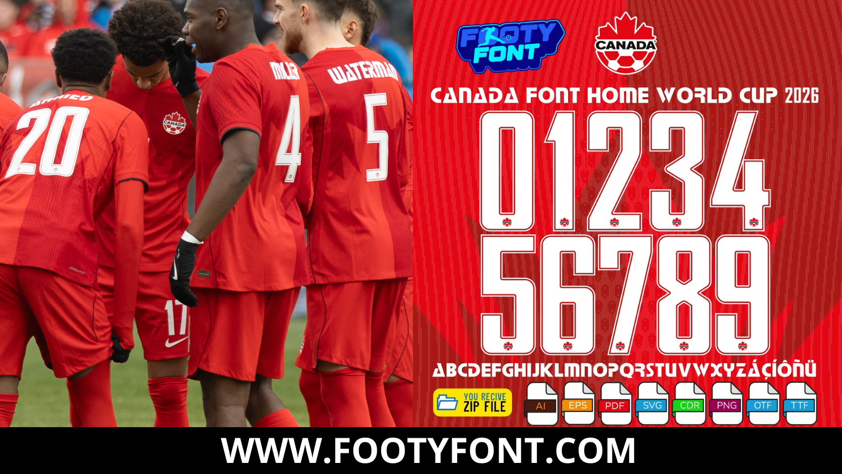 Composite image showing Canadian players wearing the red home jersey alongside the complete character set of the Canada Font World Cup 2026 Home.