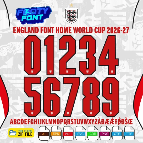 England Font World Cup 2026 Home Kit showing the complete alphabet and bold red numbers.