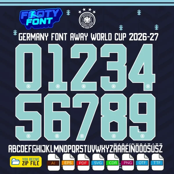 Germany Font World Cup 2026 Away showing the complete alphabet and striking mint teal numbers.