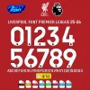 Liverpool Font Premier League 2025-2026 showing the complete alphabet and white numbers for the home kit.