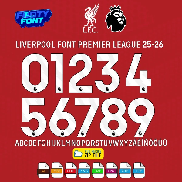 Liverpool Font Premier League 2025-2026 showing the complete alphabet and white numbers for the home kit.