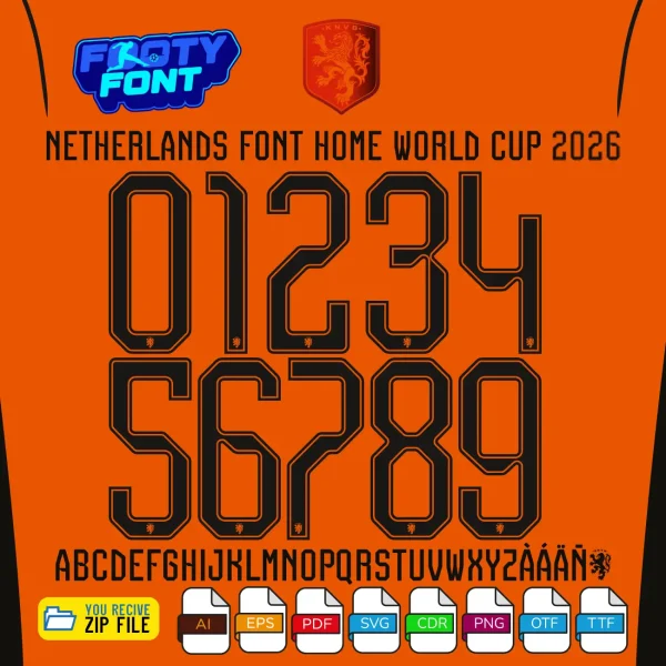 Netherlands Font World Cup 2026 Home showing the complete alphabet and black numbers with inner line details.