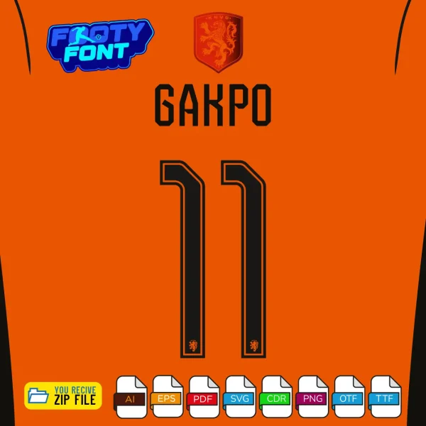 Cody Gakpo #11 jersey mockup using the Netherlands Font World Cup 2026 Home.