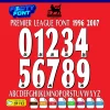 retro Premier League Font 1996-2007 showing the complete alphabet and drop-shadow numbers.