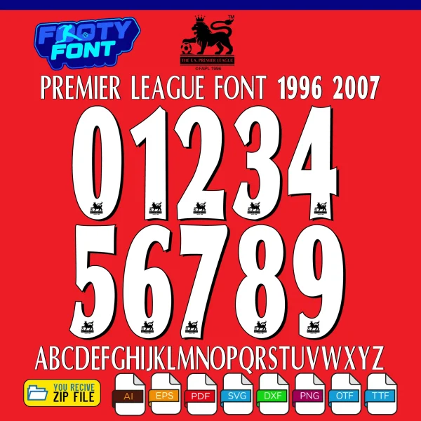 retro Premier League Font 1996-2007 showing the complete alphabet and drop-shadow numbers.