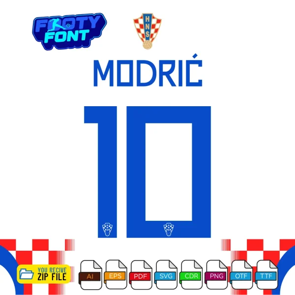 Example typography showing the name MODRIĆ and the number 10 using the Croatia Font World Cup 2026 Home vector graphics.