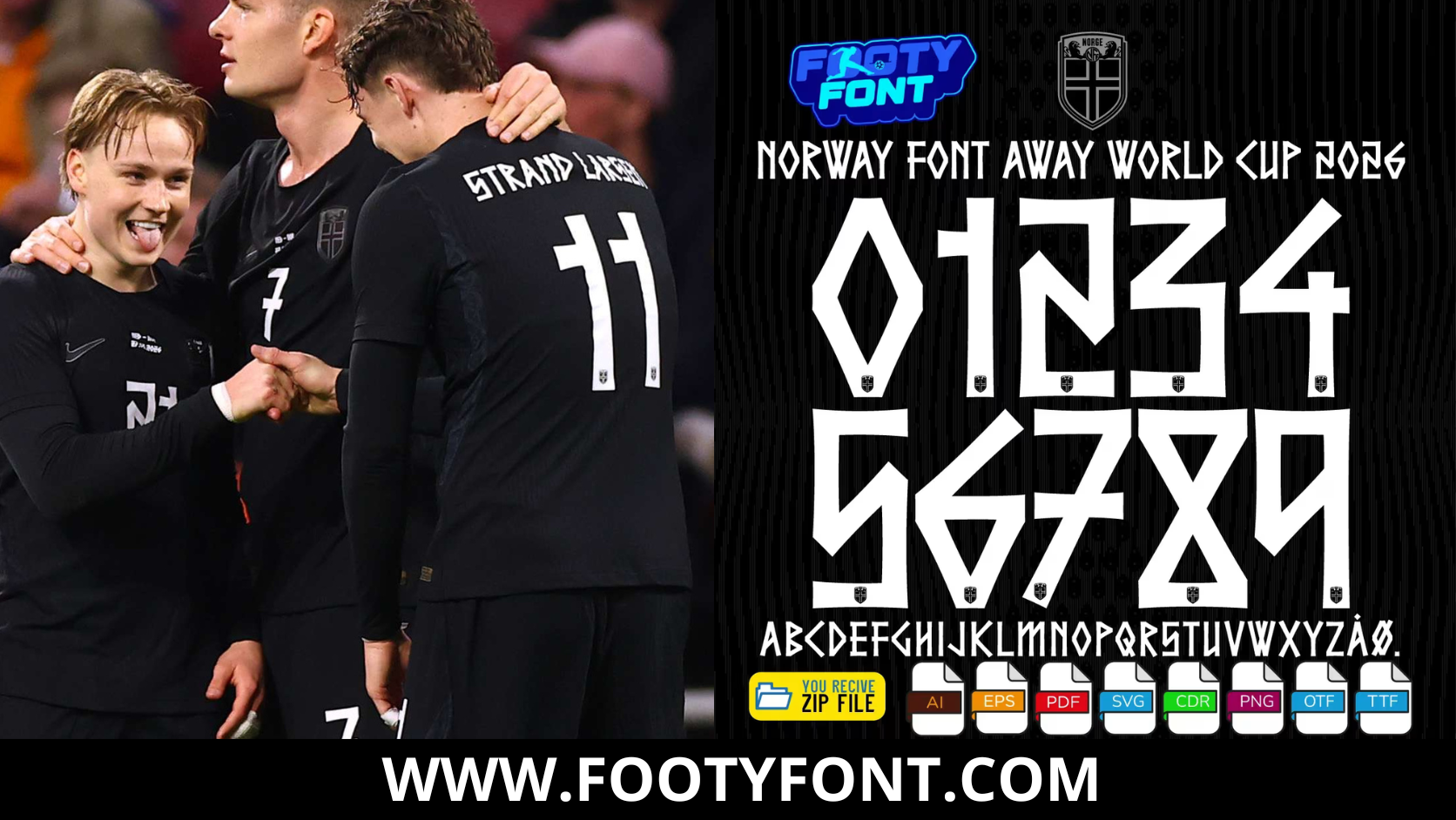 Composite image showing Norwegian players wearing the dark away jersey alongside the complete character set of the Norway Font World Cup 2026 Away.