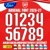 Complete A-Z alphabet and 0-9 number vector character set for the Arsenal Font 2026-27, showing the included file formats against a textured red background.