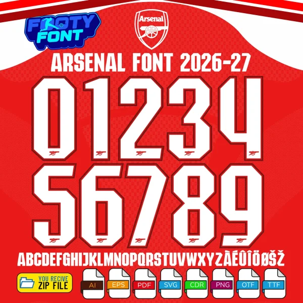 Complete A-Z alphabet and 0-9 number vector character set for the Arsenal Font 2026-27, showing the included file formats against a textured red background.
