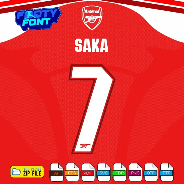 Example typography showing the name SAKA and the number 7 using the white geometric Arsenal Font 2026-27 vector graphics.