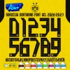 Complete A-Z alphabet and 0-9 number vector character set for the Borussia Dortmund Font UCL 2026-27, showing the included file formats against a vibrant yellow stadium-patterned background.