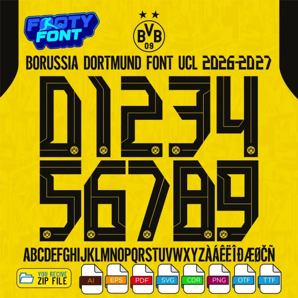 Complete A-Z alphabet and 0-9 number vector character set for the Borussia Dortmund Font UCL 2026-27, showing the included file formats against a vibrant yellow stadium-patterned background.