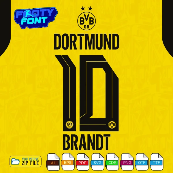 Example typography showing the name BRANDT and the number 10 using the Borussia Dortmund Font UCL 2026-27 vector graphics.