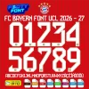 Complete A-Z alphabet and 0-9 number vector character set for the FC Bayern Munich Font UCL 2026-27, showing the included file formats against a textured red background.