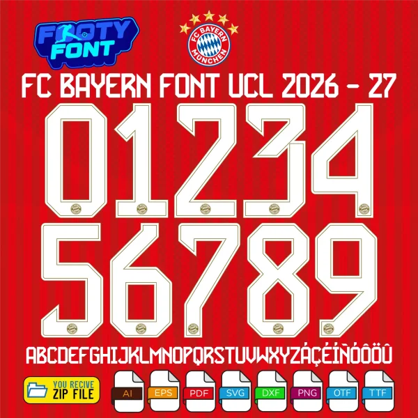 Complete A-Z alphabet and 0-9 number vector character set for the FC Bayern Munich Font UCL 2026-27, showing the included file formats against a textured red background.