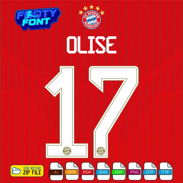 Example typography showing the name OLISE and the number 17 using the FC Bayern Munich Font UCL 2026-27 vector graphics.