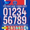 Complete A-Z alphabet and 0-9 number vector character set for the PSG Font Ligue 1 2026-27, showing the included file formats against a classic navy blue and red background.