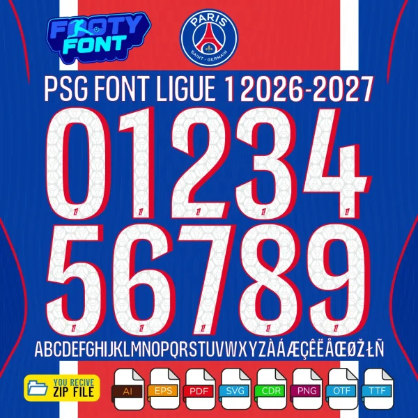 Complete A-Z alphabet and 0-9 number vector character set for the PSG Font Ligue 1 2026-27, showing the included file formats against a classic navy blue and red background.