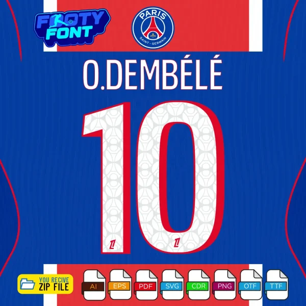 Example typography showing the name O. DEMBÉLÉ and the number 10 using the patterned white and red PSG Font Ligue 1 2026-27 vector graphics.